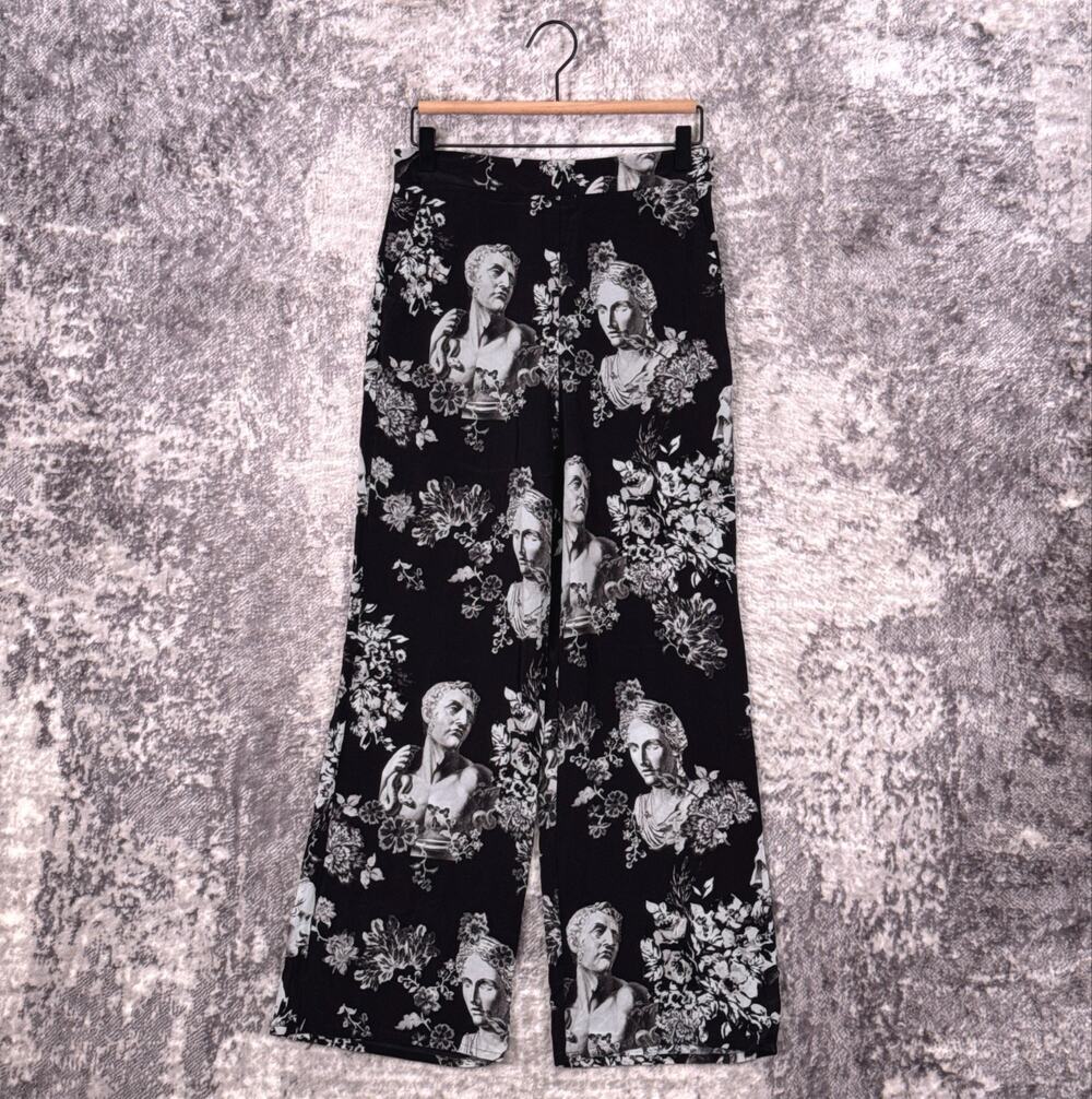 Etro Silk Pants 42 / US 6 Women Black Wide Leg Pull On Roman Bust Emperor Caesar